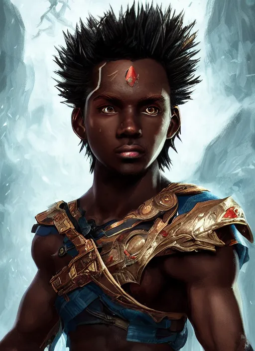 Prompt: An epic fantasy comic book style portrait painting of a dark skinned long haired boy with intelligent eyes, unreal 5, DAZ, hyperrealistic, octane render, cosplay, RPG portrait, dynamic lighting