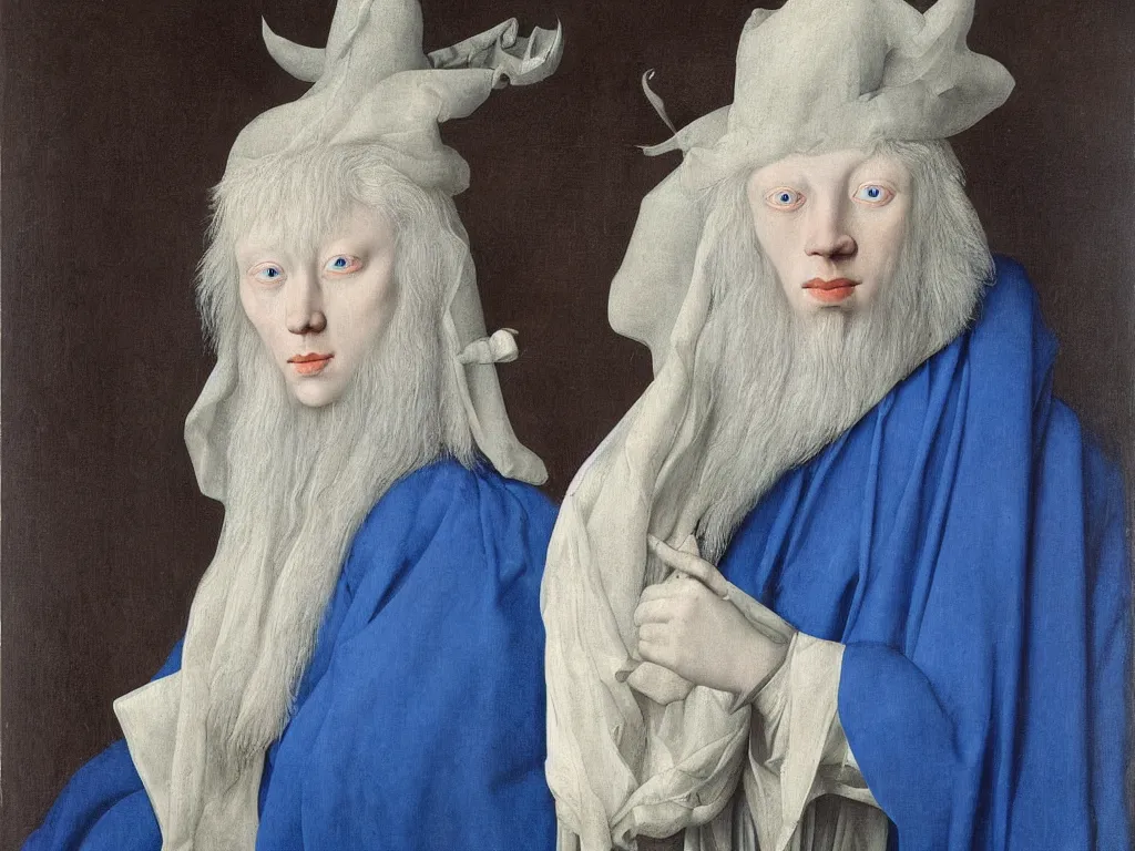 Image similar to Portrait of albino mystic with blue eyes, with beautiful exotic sea shell. Painting by Jan van Eyck, Audubon, Rene Magritte, Agnes Pelton, Max Ernst, Walton Ford