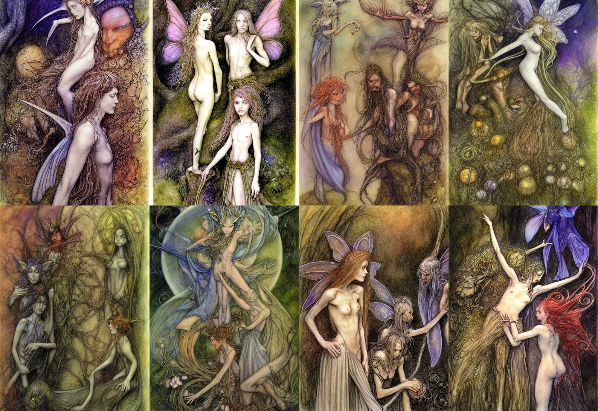 Prompt: drawing of faeries, art by brian froud and alan lee