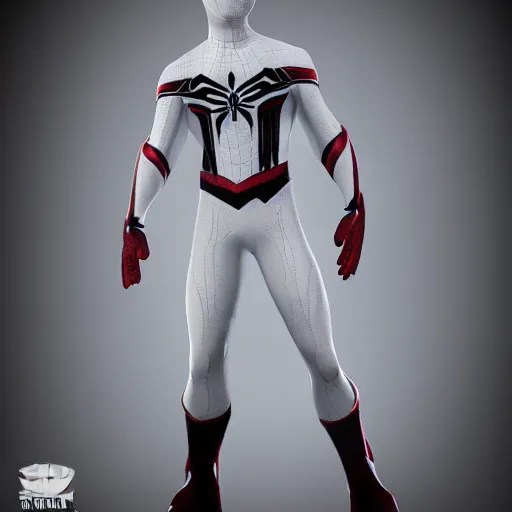 Image similar to white spider - man suit with black web lining, cinematic, volumetric lighting, realistic, hyperdetailed, photorealistic, photograph