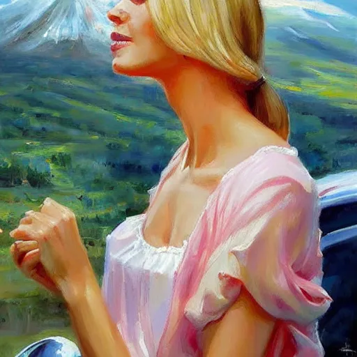 Image similar to painting volegov car blonde woman!!! erupting volcano!!!