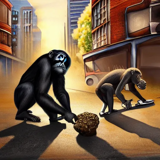 Image similar to an image of a steamroller that's about to run over a chimpanzee that's picking up pennies in a city street, dramatic lighting, highly detailed digital painting