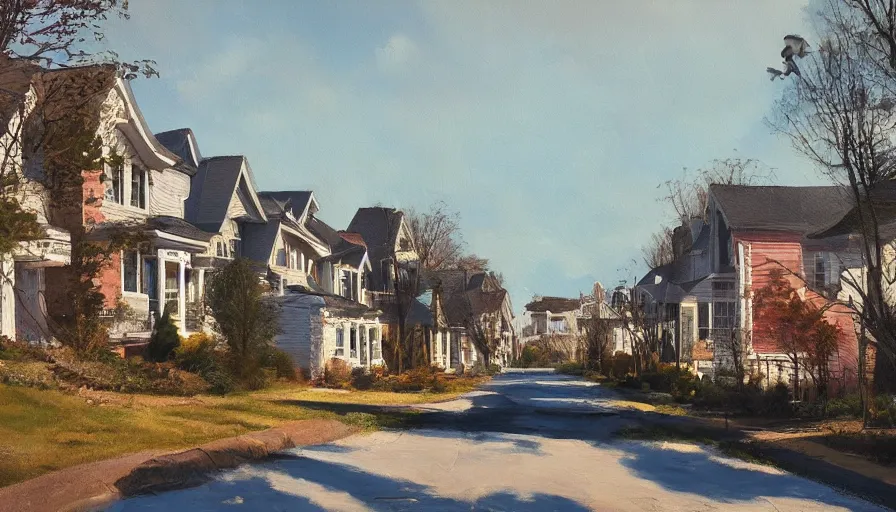 Prompt: a painting of a suburban street by jama jurabaev, cinematic shot, trending on artstation, high quality, ultra realistic