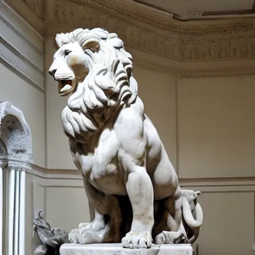 Image similar to statue of a lion made out of marble by michelangelo