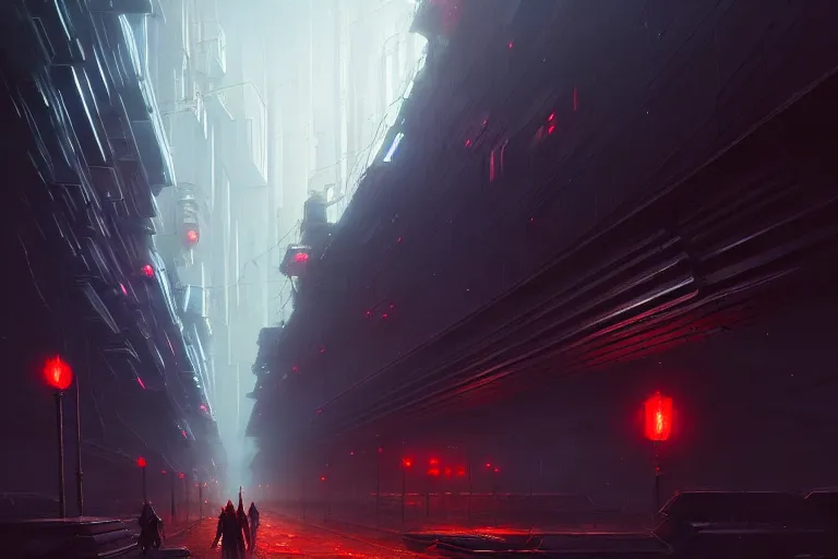 Image similar to gigantic cyberpunk megastructure, sidewalk, size comparsion, night, dramatic lighting, chiaroscuro, high detail, painted by greg rutkowski, painted by igor kieryluk, painted by raymond swanland, trending on artstation