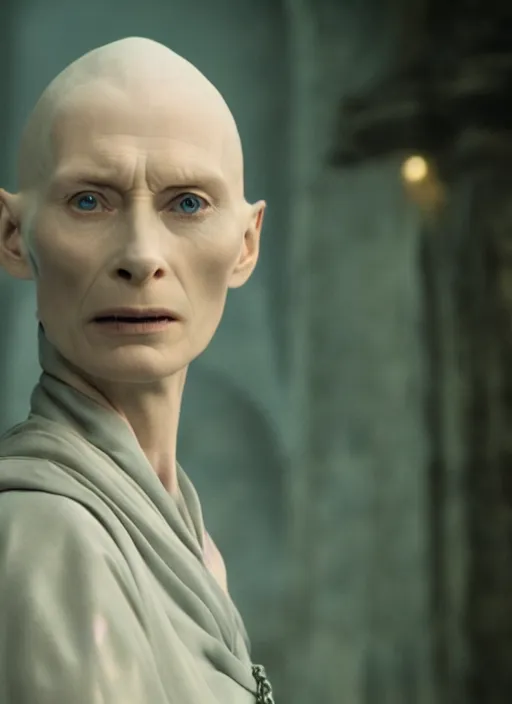 Image similar to film still of tilda swinton as voldemort in harry potter, 4 k