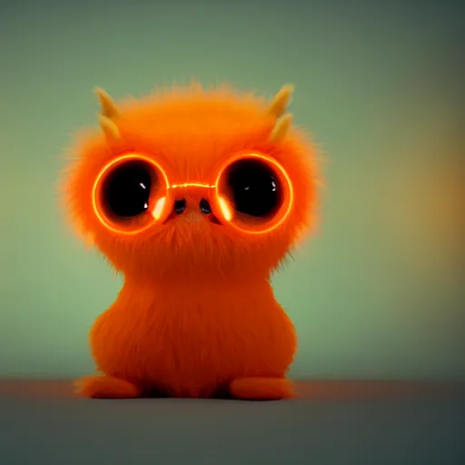 Prompt: ultra-realistic ultra-detailed adorable fluffy bioluminiscent creature, orange fur, beautiful light big eyes, big round glasses, blue witch hat, tiny mouth, 🍋 , clean white background, DOF, soft lighting, octane rendering, unreal engine render, ultra detailed cinematic