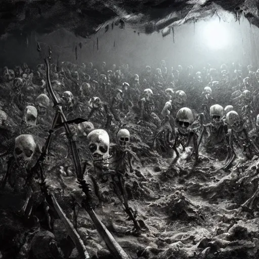 Image similar to living undead skeletons emerging from a pile of shit in the bottom of a very dark well. swords in their hands. wide angle. trending on artstation, craig mullins, gopro lens.