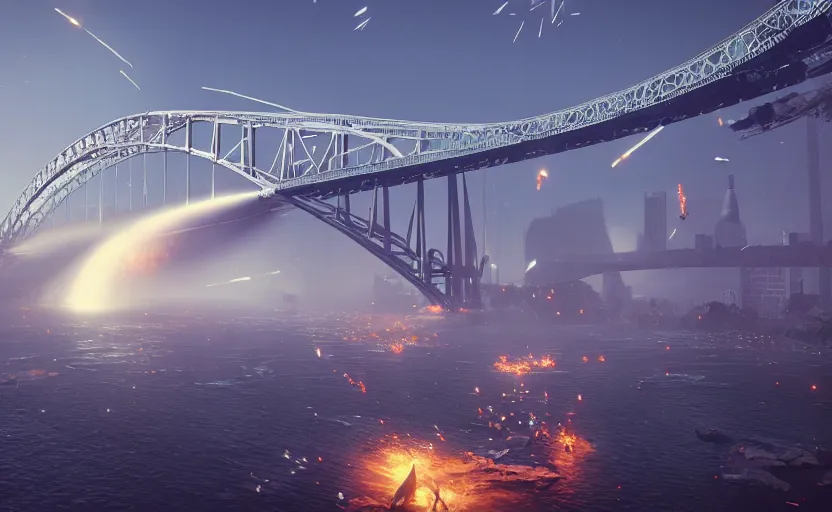 Image similar to huge xplosions in the form of white cotton plants destroy big harbour bridge, 3 d octane render, epic lighting, 8 k, by goro fujita