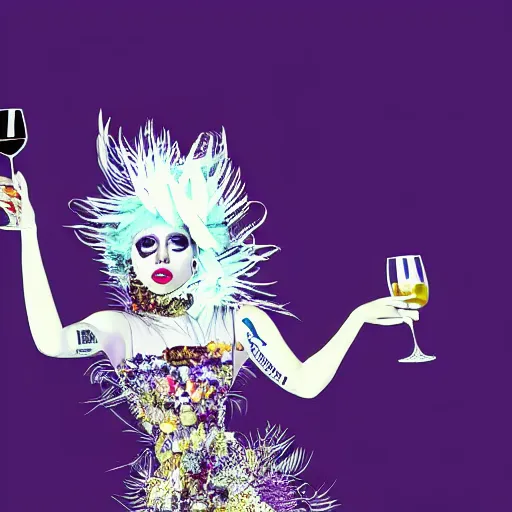 Prompt: lady gaga in a purple dress holding a wine glass, an album cover by Alexander McQueen, featured on behance, kitsch movement, made of feathers, made of crystals, maximalist