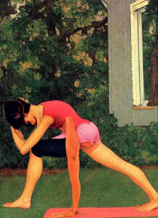 Prompt: a pin up girl doing yoga by norman rockwell and edward hopper