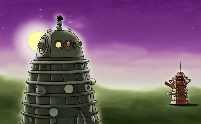 Image similar to a cell - shaded studio ghibli concept art study of a dalek on a misty starry night. very dull colors, hd, 4 k, hq