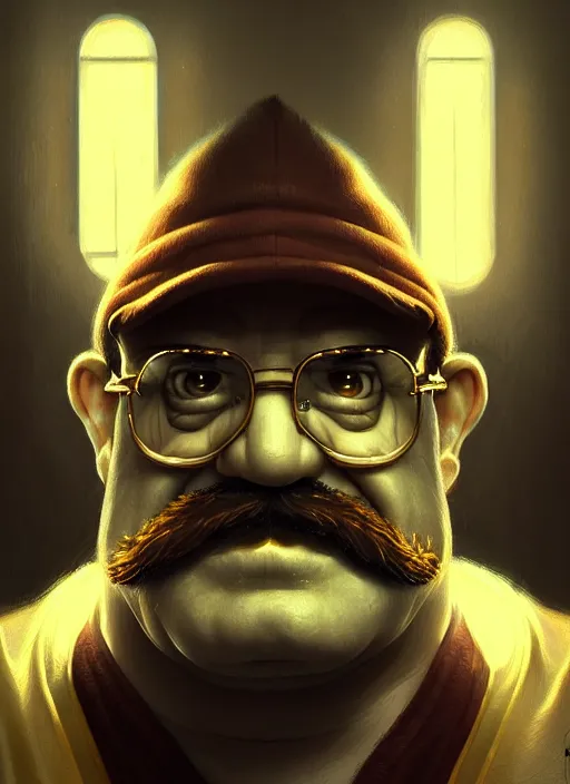 Image similar to realistic portrait of wario, intricate, elegant, glowing lights, highly detailed, digital painting, artstation, concept art, smooth, sharp focus, illustration, art by wlop, mars ravelo and greg rutkowski