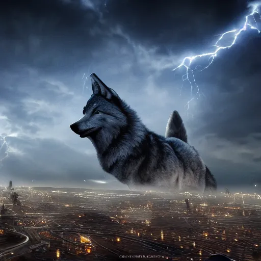 Prompt: of beksinki sky and city in future based on the shape of a wolves head epic cinematic lighting ultra detailed 8 k hi res