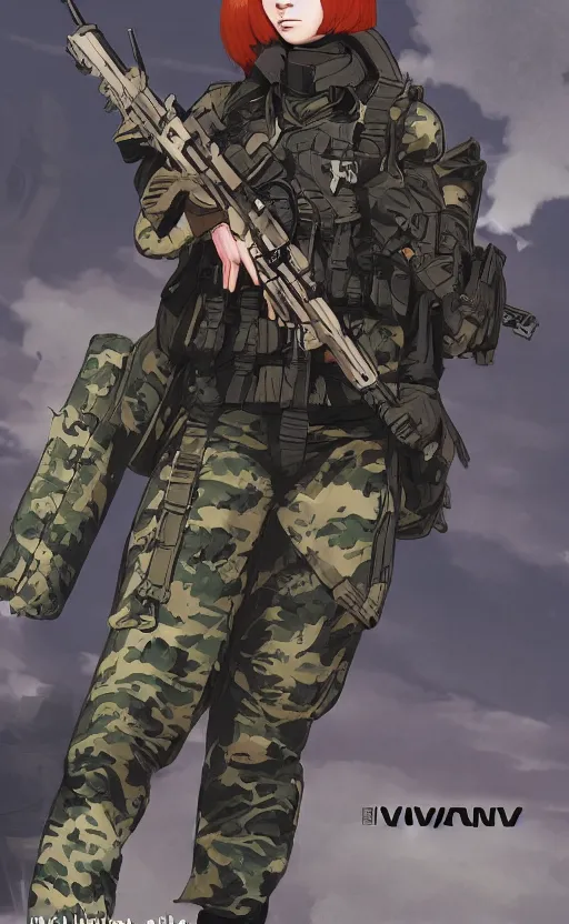 Image similar to girl, trading card front, soldier clothing, combat gear, matte, illustration, by kuvshinov ilya