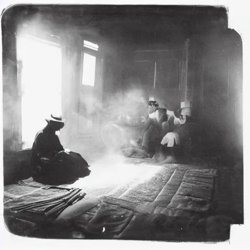 Image similar to people smoking opium in an opium den, monochrome film, dreamlike,