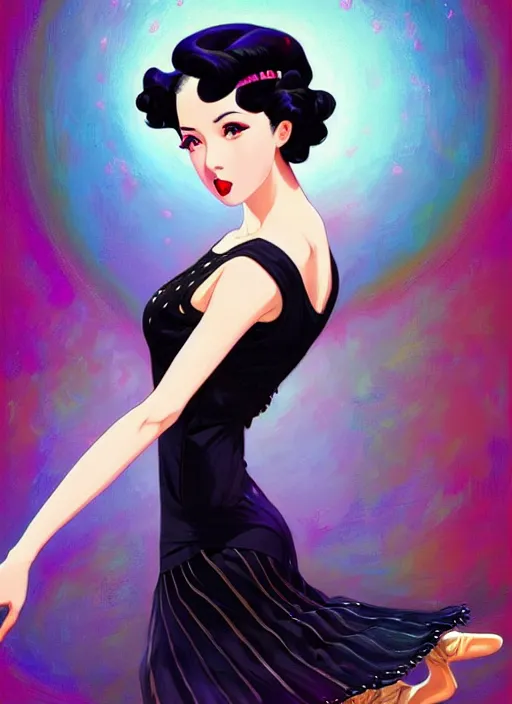 Image similar to a beautiful dancer with black hair in 1930's fashion, ballroom background, intricate, highly detailed, digital painting, artstation, official media, anime key visual, concept art, rich vivid colors, ambient lighting, sharp focus, illustration, art by Artgerm, Makoto Shinkai, Ilya Kuvshinov, Lois Van Baarle, and Rossdraws