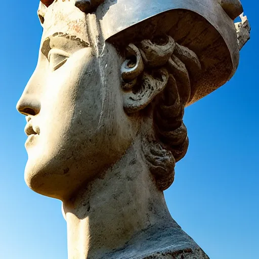 Image similar to greek ancient woman in Athena's helmet standing on a giant greek ancient bearded man head, late afternoon light, greek temple of olympus glory island, wispy clouds in a blue sky, by frank lloyd wright and greg rutkowski and ruan jia