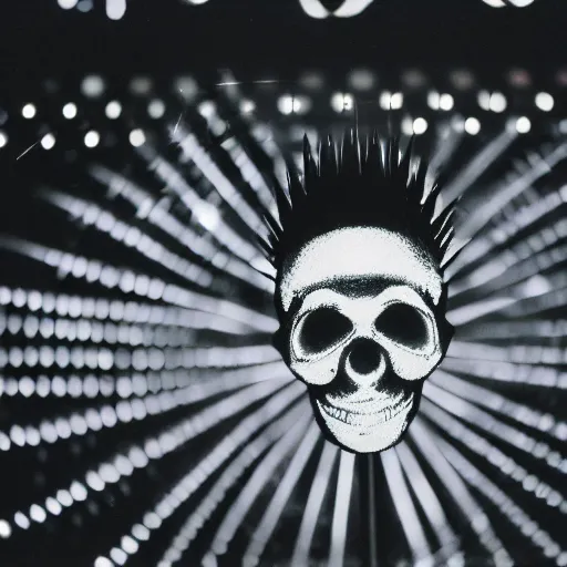 Image similar to a low poly disco skull full of long spikes, reflecting light in a nightclub, grainy film photograph