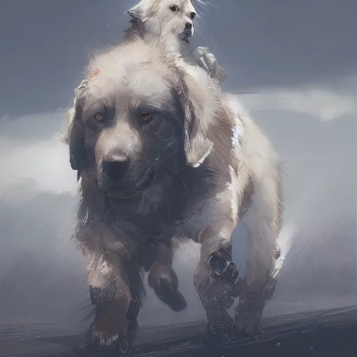 Image similar to large dog, joy, love, release, relax, trust, bond, adventure, dramatic lighting, illustration by Greg rutkowski, yoji shinkawa, 4k, digital art, concept art, trending on artstation