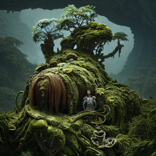 Image similar to ancient fallen god, lush trunda vegetation, snow :: by Michal Karcz, Daniel Merriam, Victo Ngai and Guillermo del toro :: ornate, dynamic, particulate, intricate, elegant, highly detailed, centered, artstation, smooth, sharp focus, octane render, 3d