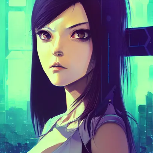 Image similar to a comic potrait of a cyberpunk cyborg girl with big and cute eyes, fine - face, realistic shaded perfect face, fine details. night setting. very anime style. realistic shaded lighting poster by ilya kuvshinov katsuhiro, magali villeneuve, artgerm, jeremy lipkin and michael garmash, rob rey and kentaro miura style, trending on art station