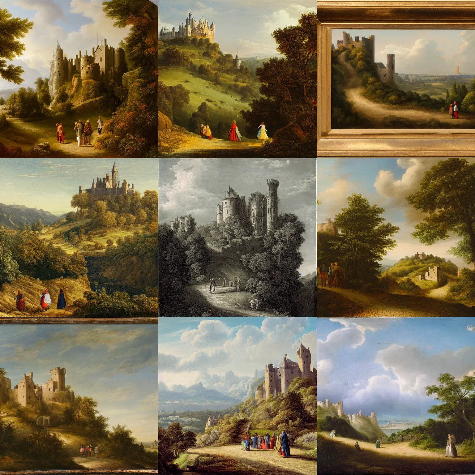 Prompt: a hilly landscape with castle and travelers on a path