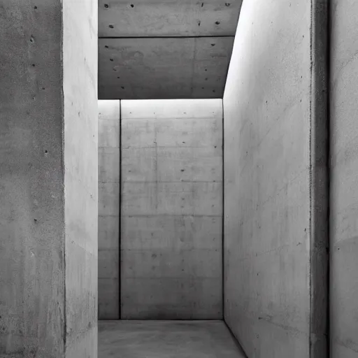 Prompt: underground concrete room, flooded, minimalist architecture, surreal, liminal space, angled walls, high ceiling,