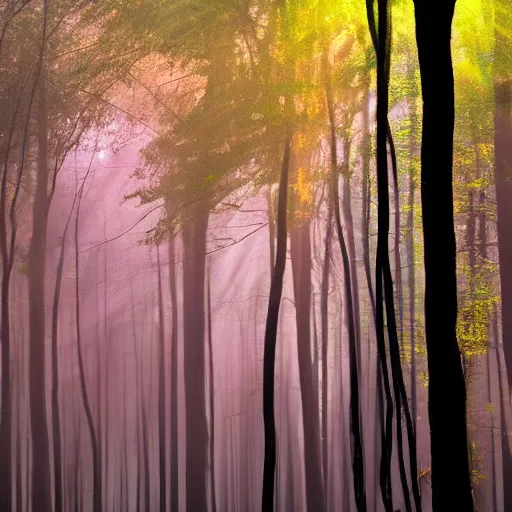 Image similar to a dark forest with shafts of colorful light