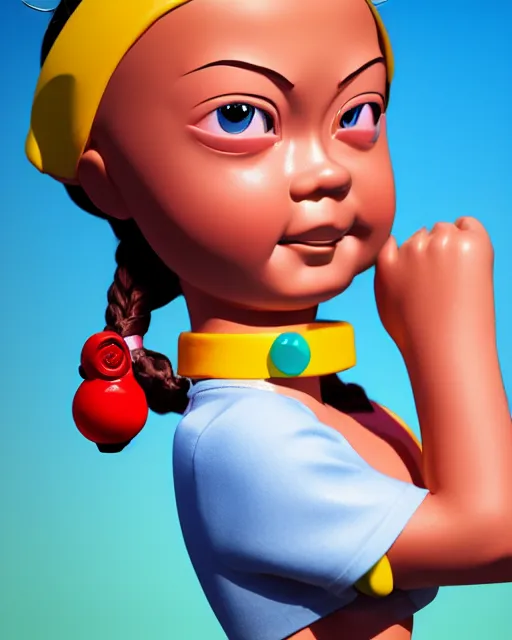 Image similar to closeup profile portrait of a tin toy greta thunberg as a schoolgirl, bikini, hyper realistic, artstation, illustration, salvidor dali, digital paint, matte paint, vivid colors, bright, cheerful, detailed and intricate anime school environment