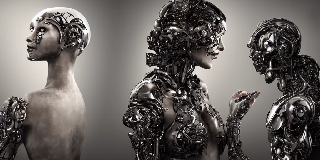 Image similar to hyperrealistic photography of a stunningly cyborg female, intimate, holding hands, kissing, chrome. in the style of beth cavener, jin kagetsu,, and wlop, highly detailed, intricate filigree, chrome face symmetry, masterpiece, award - winning, sharp focus, concept art, high key, ambient lighting, 8 k, octane render, artstation