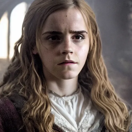 Prompt: ashamed emma watson as hermione granger in that infamous game of thrones scene