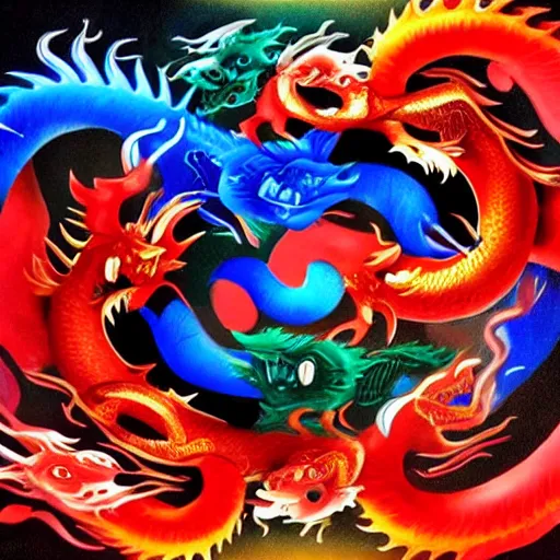 Prompt: chinese dragons chasing each other, ying yang, blue and red, hyper realistic, fire