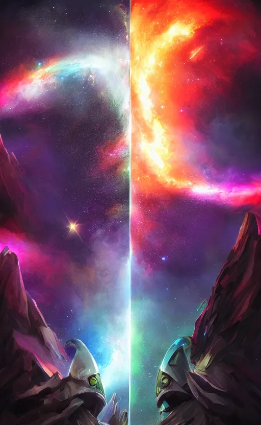 Prompt: high quality fantasy art of two galaxies colliding each other, wide angle shot, high quality, powerful lights, sharp focus, high quality, art station