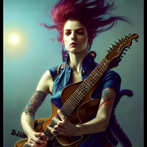 Image similar to portrait painting of a punk snake bard with a guitar, ultra realistic, concept art, intricate details, eerie, highly detailed, photorealistic, octane render, 8 k, unreal engine. art by artgerm and greg rutkowski and charlie bowater and magali villeneuve and alphonse mucha