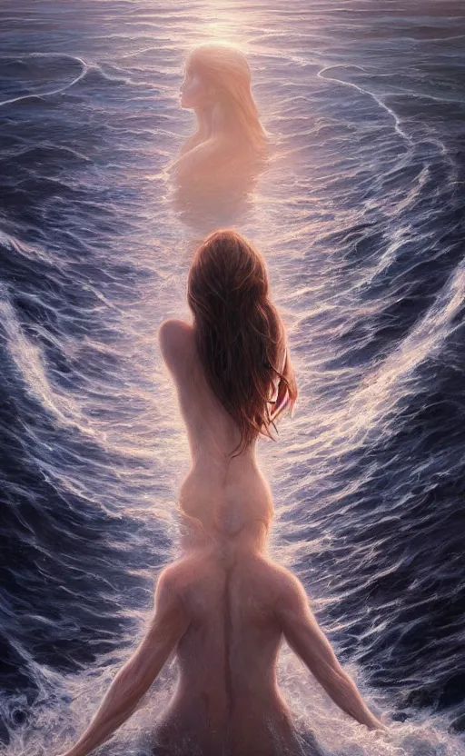 Prompt: A woman merging out of the ocean, masterpiece digital painting by Alex Grey, Greg Rutkowski, artstation, 4k wallpaper