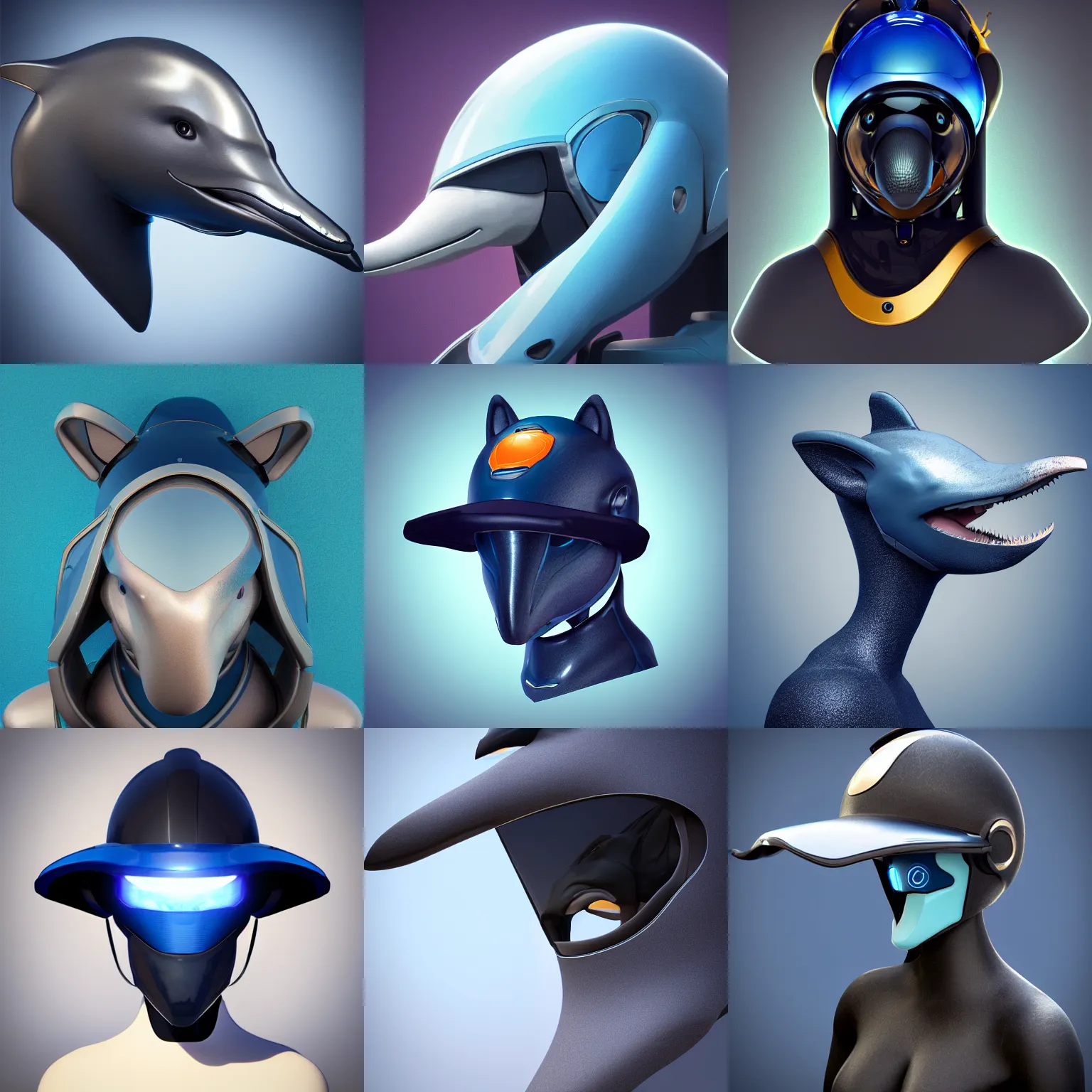 Prompt: very very beautiful furry art, bust profile picture of a robotic anthro bottlenose dolphin, large dark opaque visor, truncated snout under visor, round shapes, all dark blue metal, commission on furaffinity, cgsociety, octane render