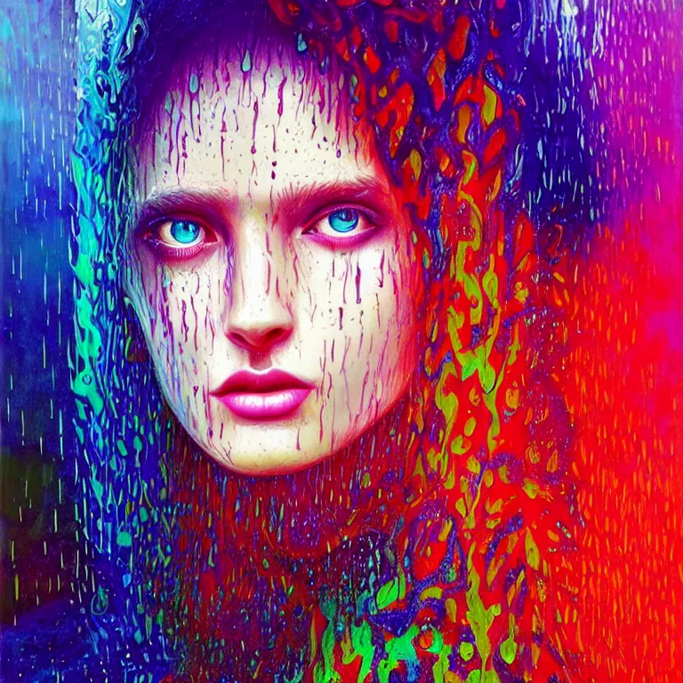 Image similar to bright asthetic portrait of LSD in rain with wet hair and face, liquid, fantasy, intricate, elegant, dramatic lighting, highly detailed, lifelike, photorealistic, digital painting, artstation, illustration, concept art, smooth, sharp focus, art by John Collier and Albert Aublet and Krenz Cushart and Artem Demura and Alphonse Mucha