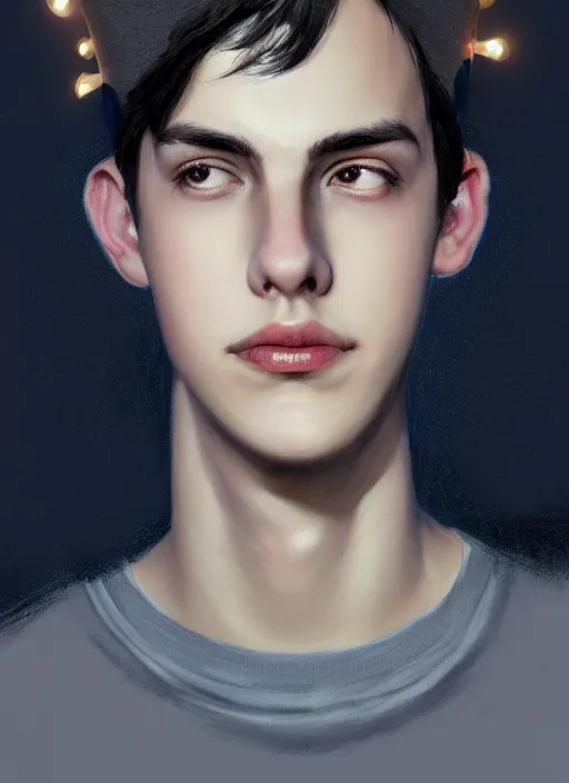 Image similar to portrait of teenage jughead jones wearing a light grey crown, photorealistic, crown, eyes closed, crown, black hair, intricate, elegant, glowing lights, highly detailed, digital painting, artstation, concept art, smooth, sharp focus, illustration, art by wlop, mars ravelo and greg rutkowski