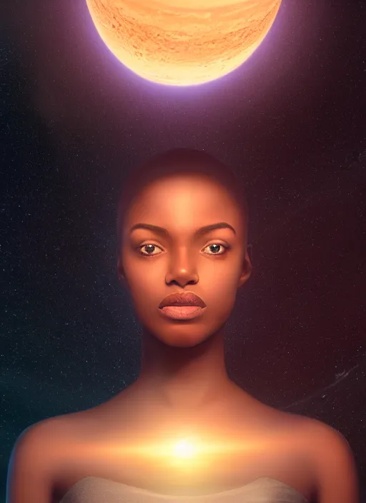 Image similar to symmetry!! a beautiful young black woman standing in front of saturn in space. cute - fine - face, pretty face, realistic shaded perfect face, dark, concept art, cinematic, dramatic, atmospheric, 8 k, trending on artstation, haze, low visibility, fog, christopher nolan, interstellar