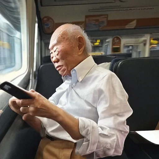 Image similar to candid photo of Lee Kuan Yew squinting disapprovingly at his phone while riding the train