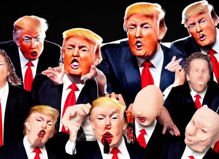 Image similar to donald trump kiss rock band, detailed facial expressions, surrealist aesthetic