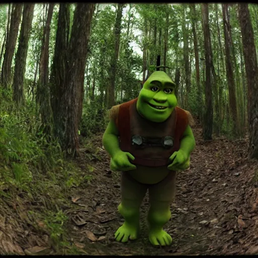 Image similar to Shrek caught on trail cam, trail camera footage, wide angle lens, night vision, grainy