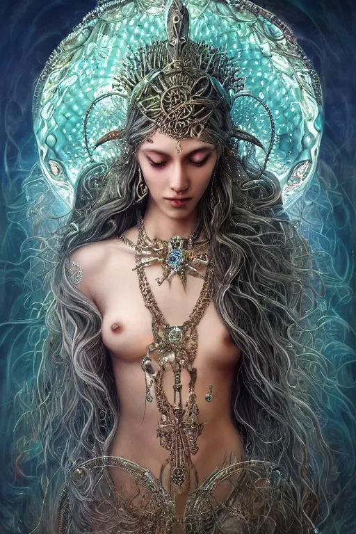 Prompt: a centered render of an mystical wild goddess with wearing ornate silver and gemstones and crystal clothing surrounded by flowing liquid gallium jellyfish and sacred geometry, perfect body and face, gorgeous, cinematic, beautifully lit, by artgerm, by karol bak, by donato giancola, 3 d, trending on artstation, octane render, 8 k