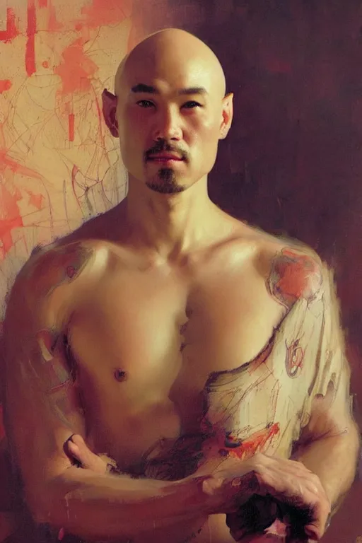 Prompt: beautiful cute bald kazakh guy with a short beard, painted by ruan jia, raymond swanland, lawrence alma tadema, zdzislaw beksinski, norman rockwell, jack kirby, tom lovell, alex malveda, greg staples