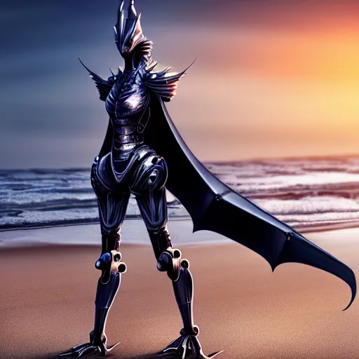 Prompt: full body shot, realistic detailed stunning beautiful anthropomorphic robot mechanical female dragon, doing an elegant pose with hand on hip, looking to the side, sleek streamlined armor and design, sharp claws, sleek head, long tail, standing on two legs, wearing a hooded cloak that blows in the wind from behind her, on the beach during sunset, high quality, cinematic art, sunset lighting, artstation, deviantart, furaffinity