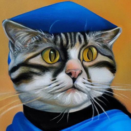 Image similar to oil painting portrait of a cat wizard wearing blue robes