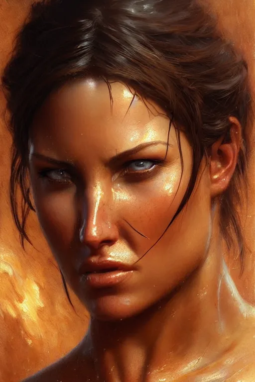 Image similar to muscular sweat lara croft, face close up, highly detailed painting by gaston bussiere, craig mullins, j. c. leyendecker 8 k