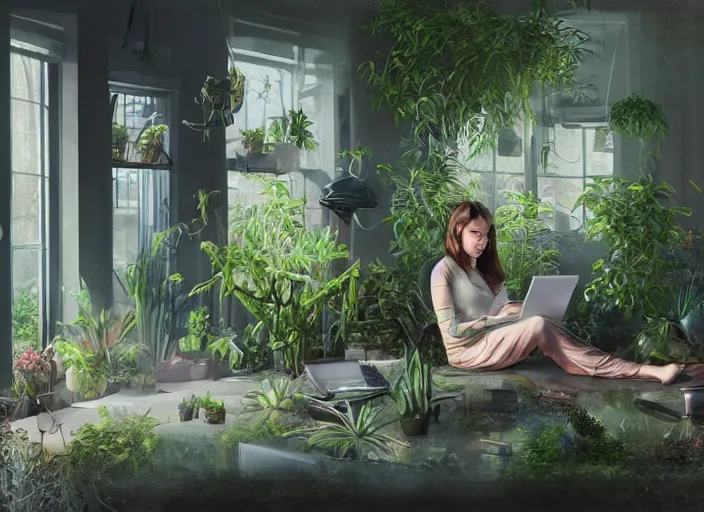 Prompt: a digital realistic and mysterious painting of a girl sitting in her room researching on her computer surrounded by terrariums with reptiles inside. dim lighting coming from her computer screen