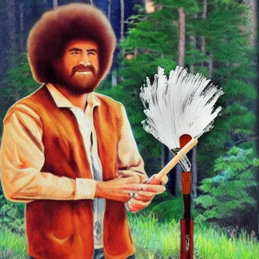 Image similar to Human-wolf, holding brush, artwork by Bob Ross,